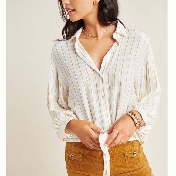 Tailor Striped Button Down Blouse with Tie Waist - Picture 1 of 4